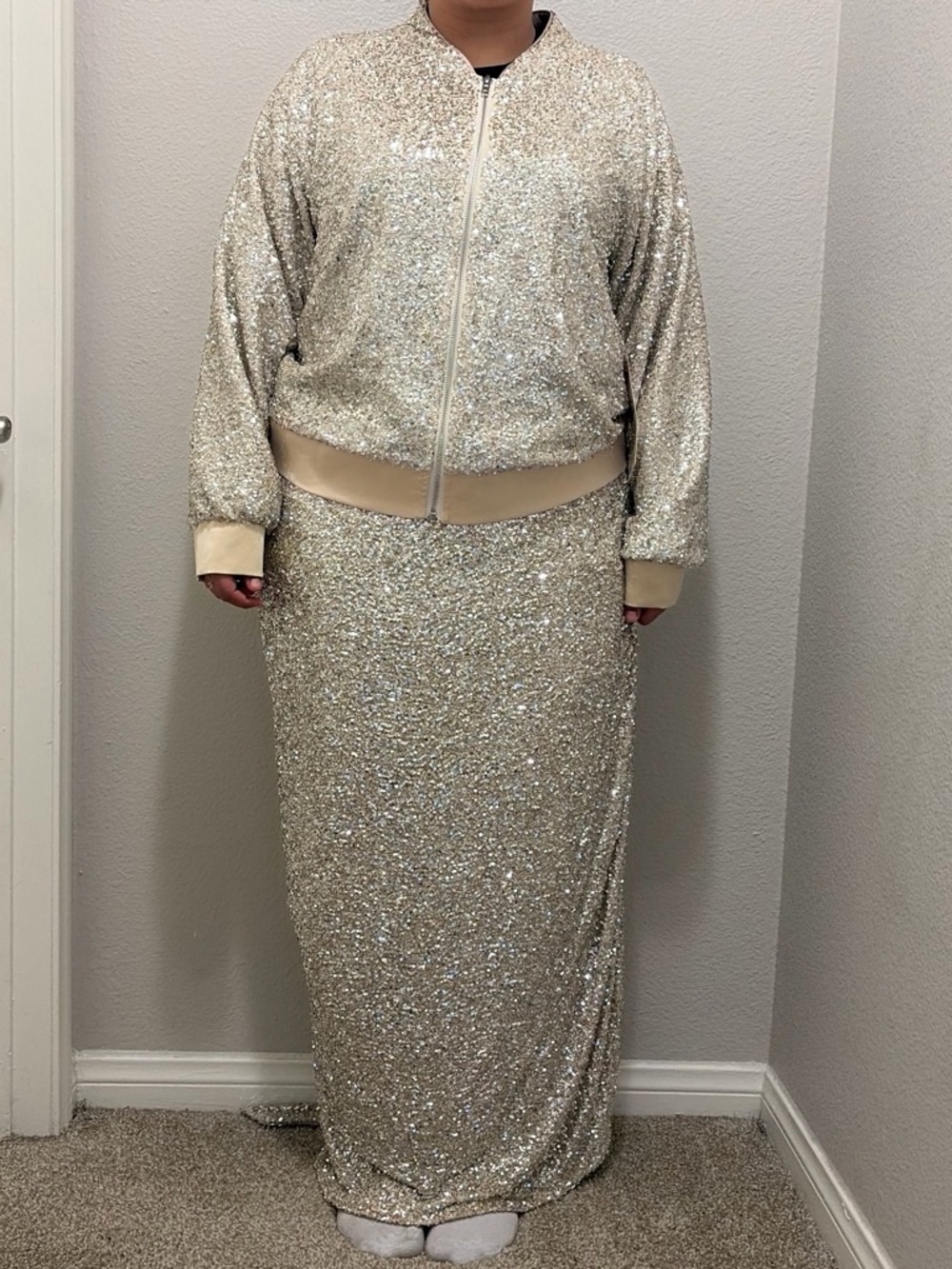 Never Fully Dressed Champagne Sequin Maxi Skirt